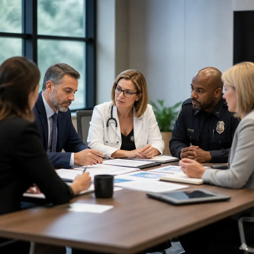 Doctor and police officer with colleagues reviewing documents