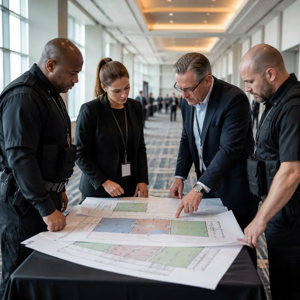 Four people reviewing large floor plans on table in hallway