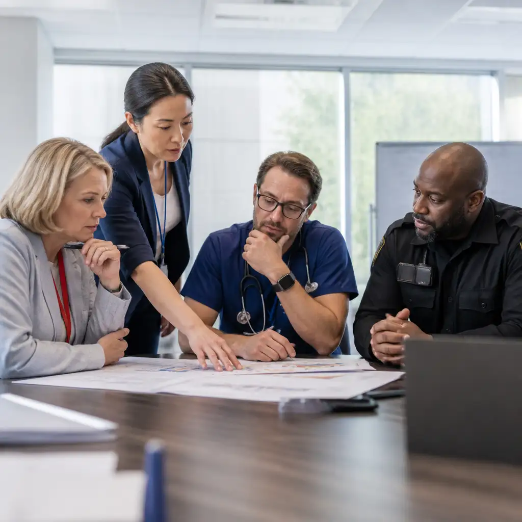 Four people examining papers on a conference table