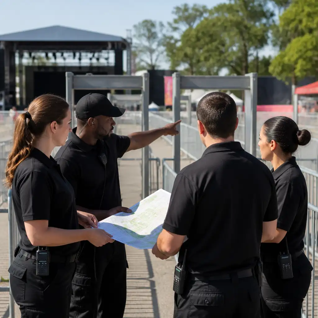 Four uniformed security personnel holding map by metal barriers