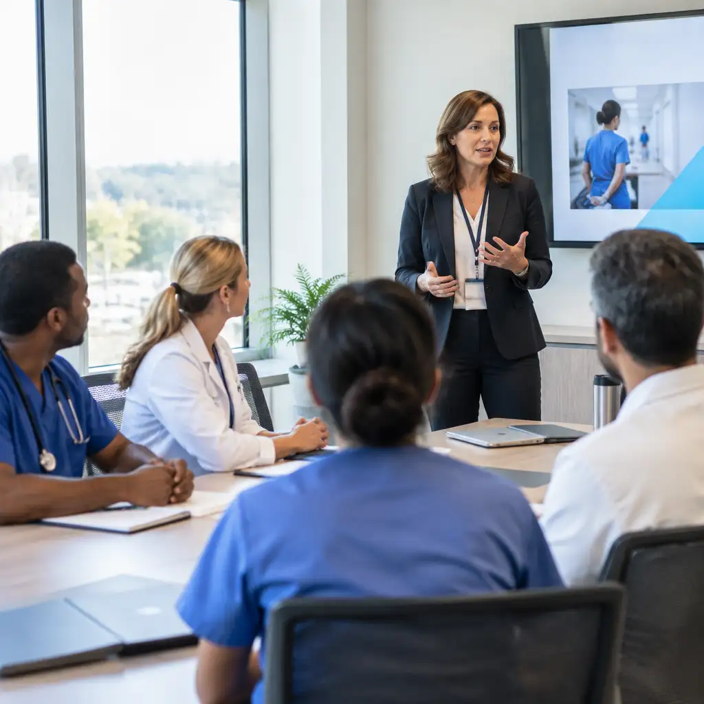 Female presenter addressing seated healthcare staff in conference room