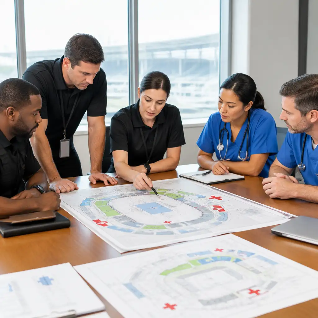 Five people gathered around table reviewing stadium floor plans