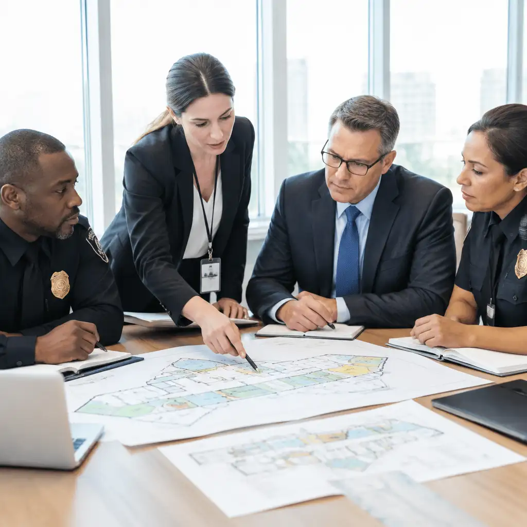 Two uniformed officers and two colleagues examining floor plans