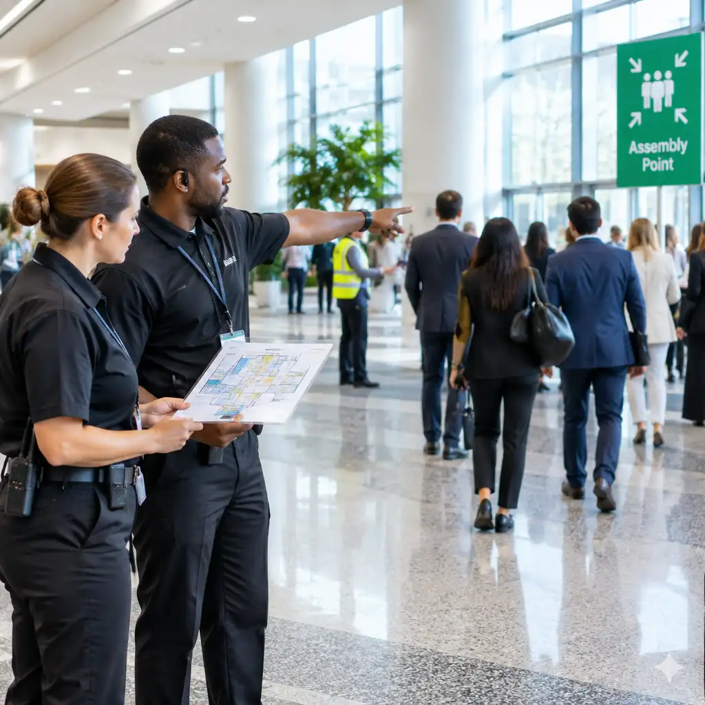 Security staff holding floor plan pointing toward assembly point sign