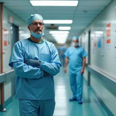 Doctor standing resolutely in hospital corridor