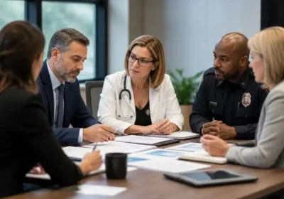 Doctor and police officer with colleagues reviewing documents