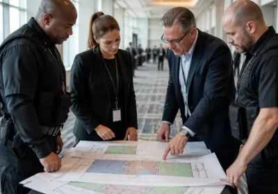 Four people reviewing large floor plans on table in hallway