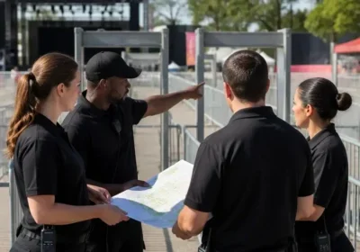 Four uniformed security personnel holding map by metal barriers