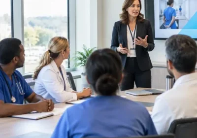 Female presenter addressing seated healthcare staff in conference room