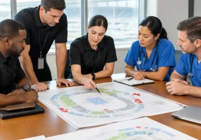 Five people gathered around table reviewing stadium floor plans