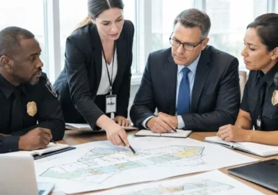 Two uniformed officers and two colleagues examining floor plans