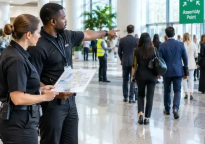 Security staff holding floor plan pointing toward assembly point sign