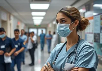 Nurse wearing mask stands confidently in busy hospital corridor observing.