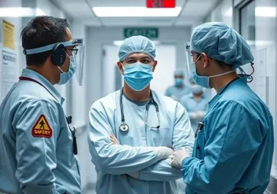 Medical professionals discussing in hospital corridor