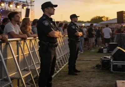 Police officers monitor large outdoor crowd during sunset concert event.