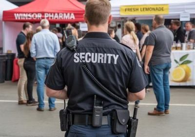 Security guard monitoring crowd near outdoor vendor tents at event