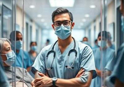 Doctor wearing mask and stethoscope standing confidently in hospital