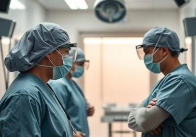 Medical staff discussing safety measures inside hospital hallway