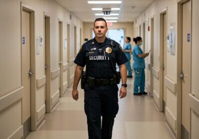Hospital security officer patrolling hallway near medical staff