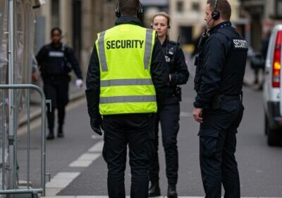 Event security team coordinating on a city street