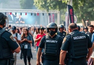 Security team monitoring large crowd at public event