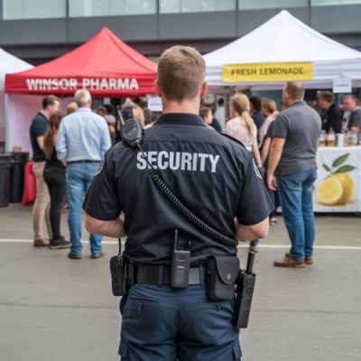 Security guard monitoring crowd near outdoor vendor tents at event