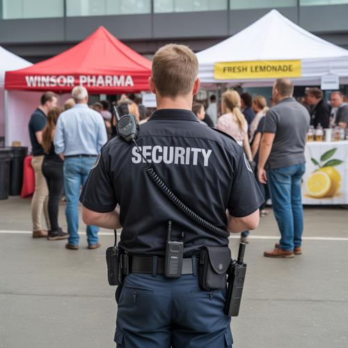 Security guard monitoring crowd near outdoor vendor tents at event