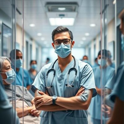 Doctor wearing mask and stethoscope standing confidently in hospital