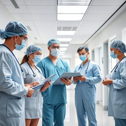 Medical team reviewing notes in hospital hallway