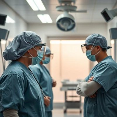 Medical staff discussing safety measures inside hospital hallway