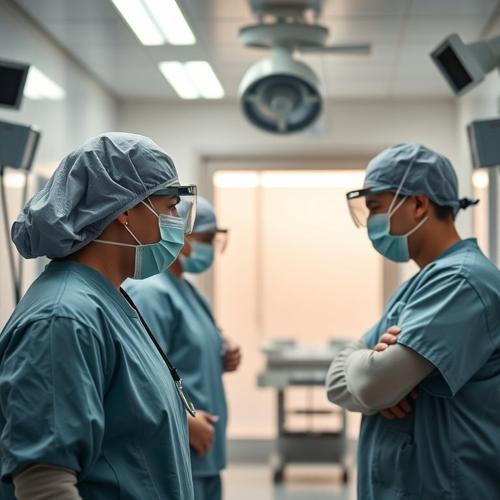 Medical staff discussing safety measures inside hospital hallway