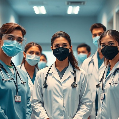 Healthcare staff wearing masks standing together in hospital hallway