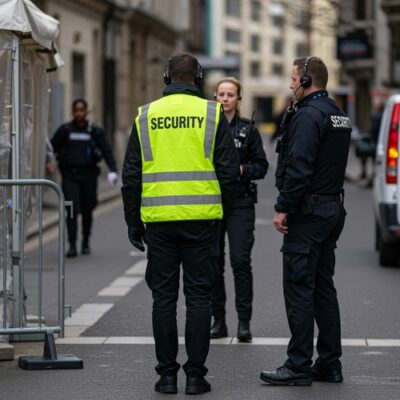 Event security team coordinating on a city street