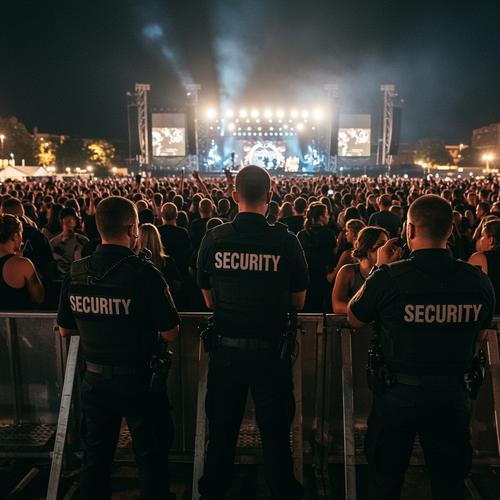 Security team monitoring crowd at nighttime concert.