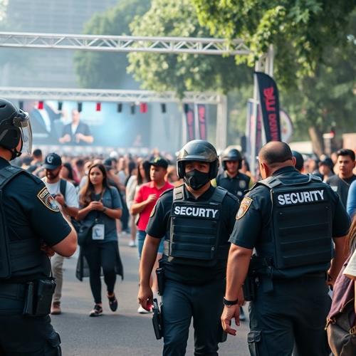 Security team monitoring large crowd at public event
