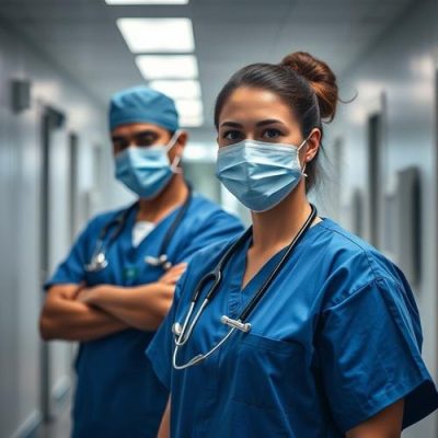 Two masked healthcare workers standing in hospital hallway.