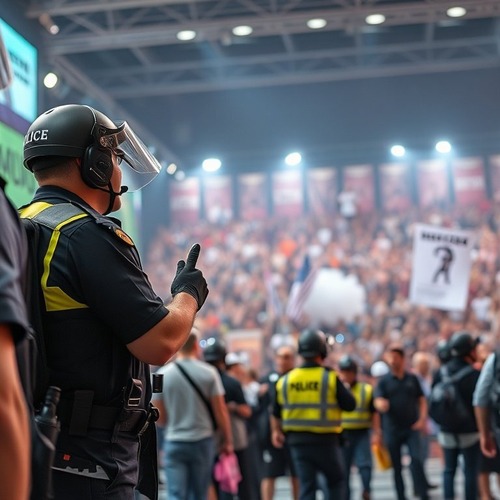 Police officers monitoring a crowded indoor event with security gear